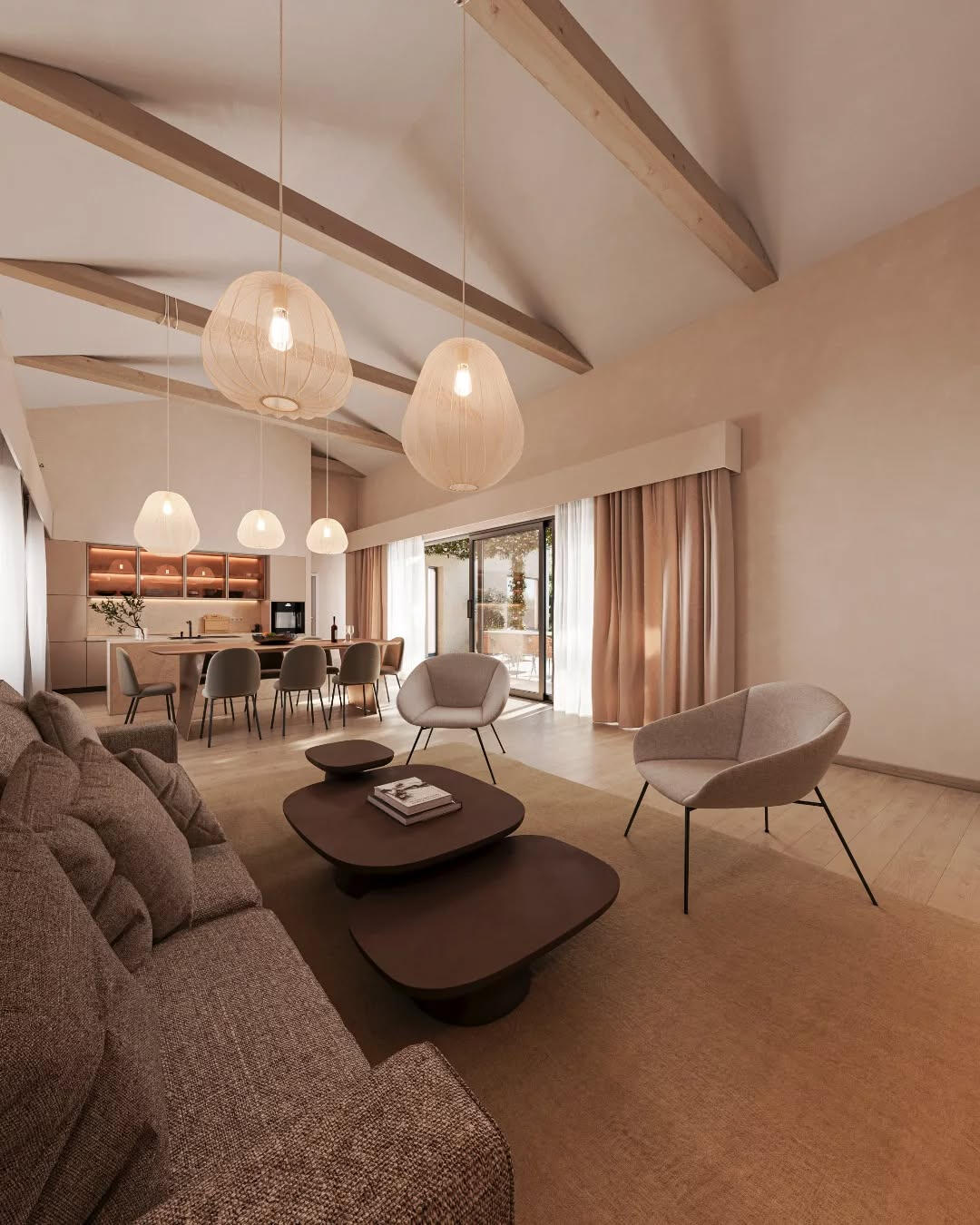 Photorealistic 3D Interior Visualization of a modern open space in neutral colors with high ceiling and floor to ceiling glass doors