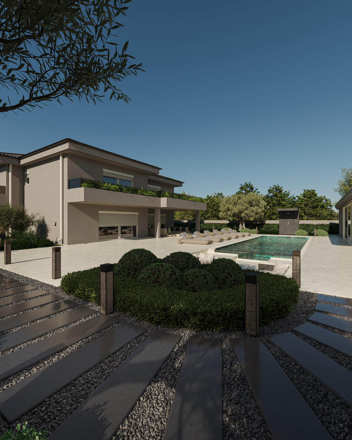Photorealistic 3D exterior render of a modern house with large windows and landscaped yard