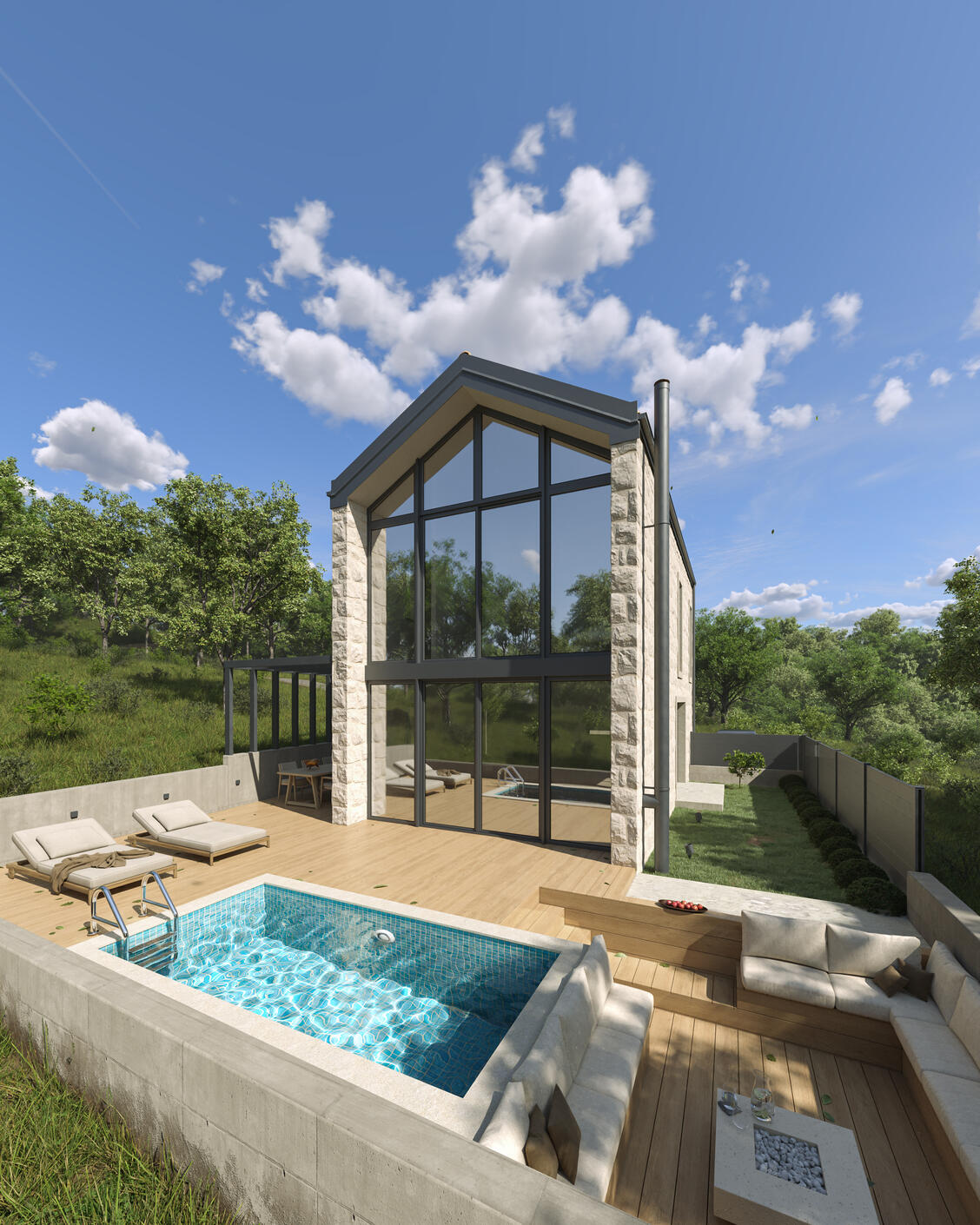 Photorealistic Exterior 3D Render Of A Stone House With Swimmingpool in Croatia