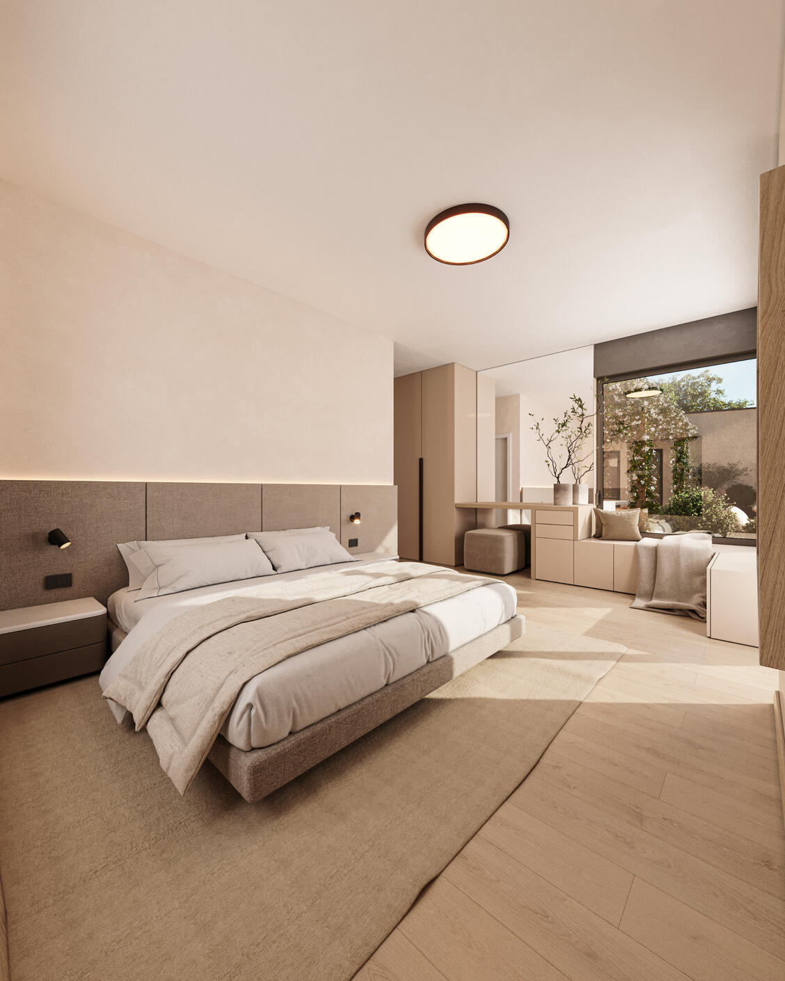 3D Interior Visulization of a modern luxury bedroom in neutral colors, wooden floor, floor to ceiling glass window