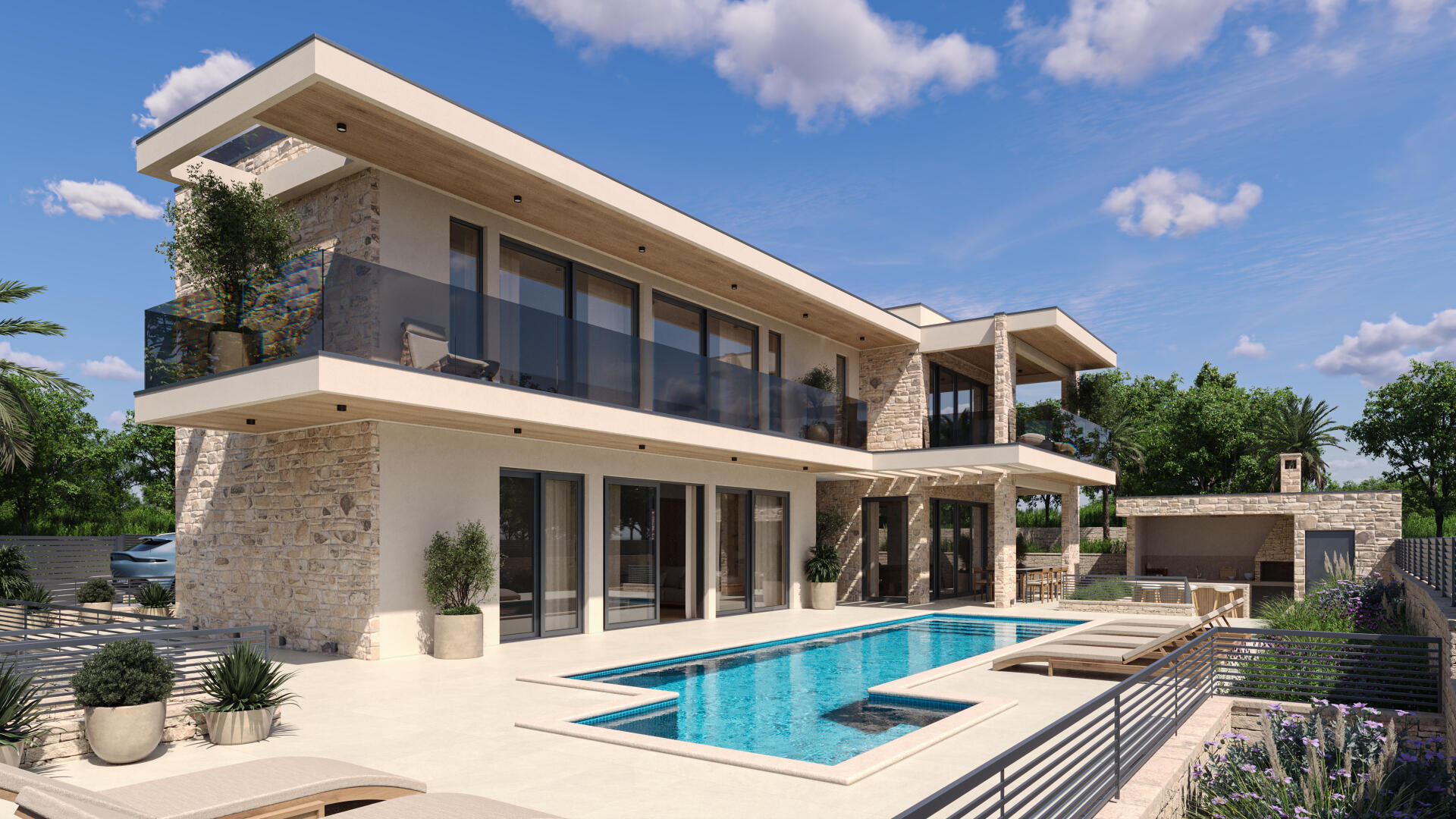 Untitled High-quality 3D Render Of A Mediterranean-style Stone Villa With Terrace and Stone Wall Fencing