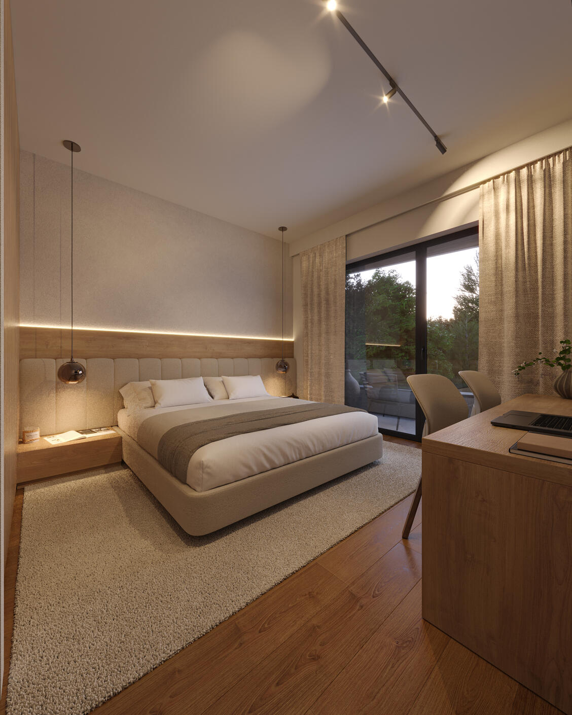3D Interior Night Render of a modern luxury bedroom in neutral colors, wooden floor, floor to ceiling glass window