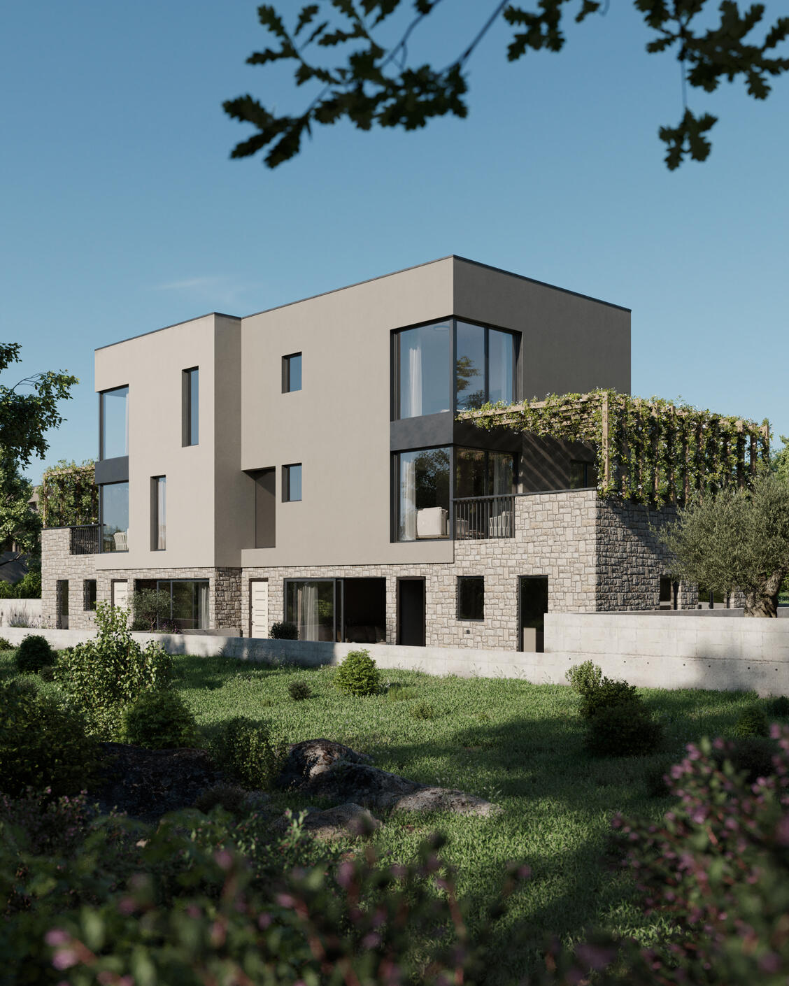 High-quality 3D exterior render of a Luxury residential building in combination of facade, stone and glass