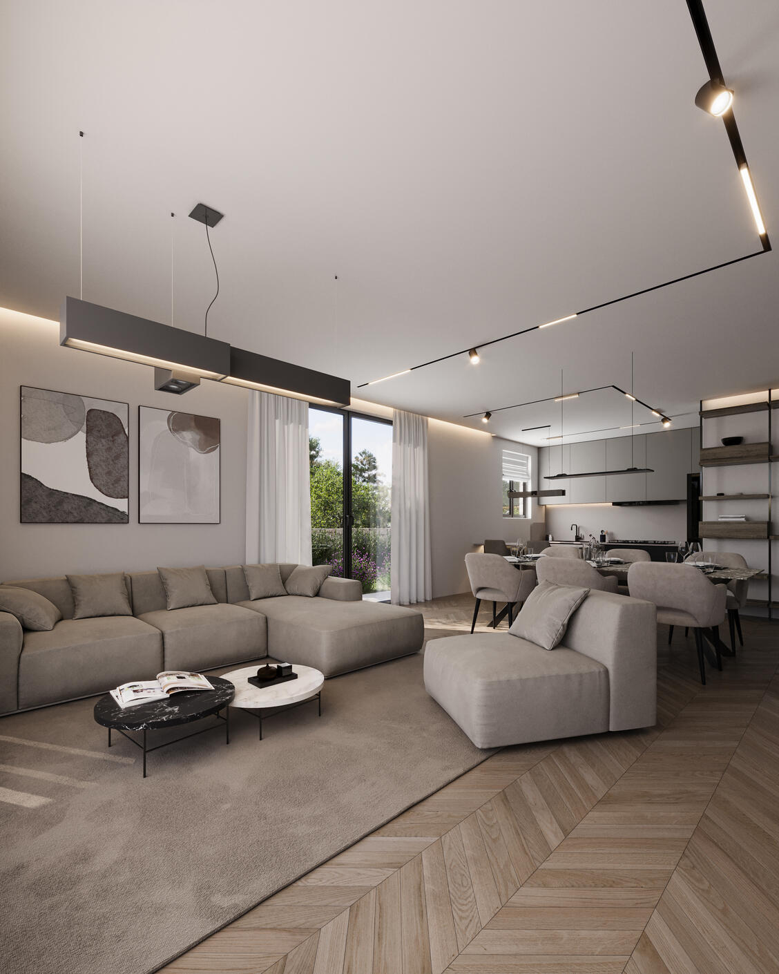 Photorealistic 3D Interior Visualization of a modern open space in neutral colors and sliding glass doors