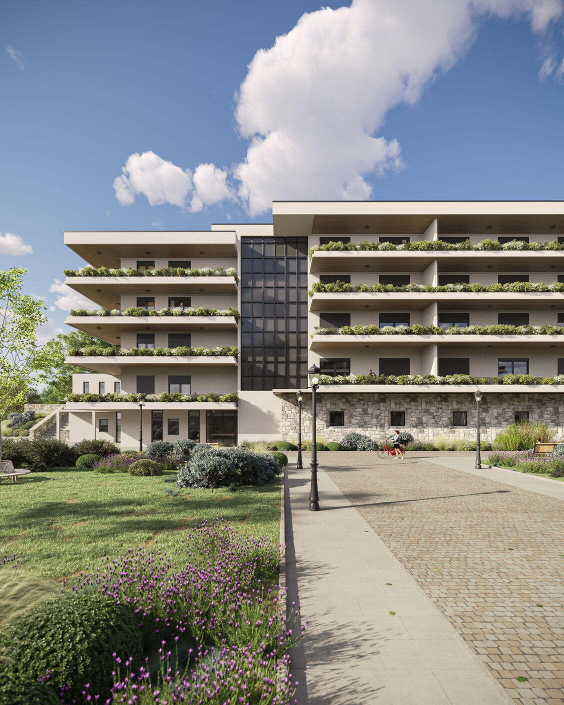 3D architectural visualization of a modern apartment building with balconies and urban surroundings