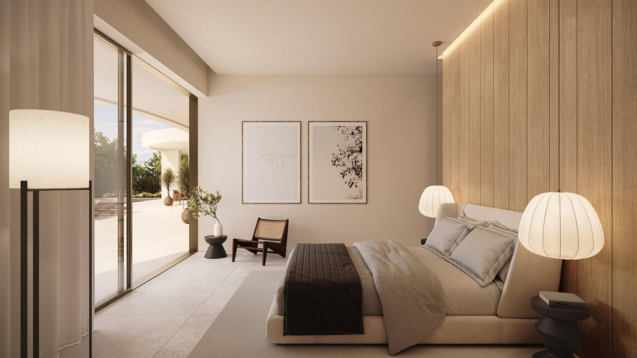 3D Interior render of a luxury japandi bedroom in neutral tones with floor to ceiling glass doors