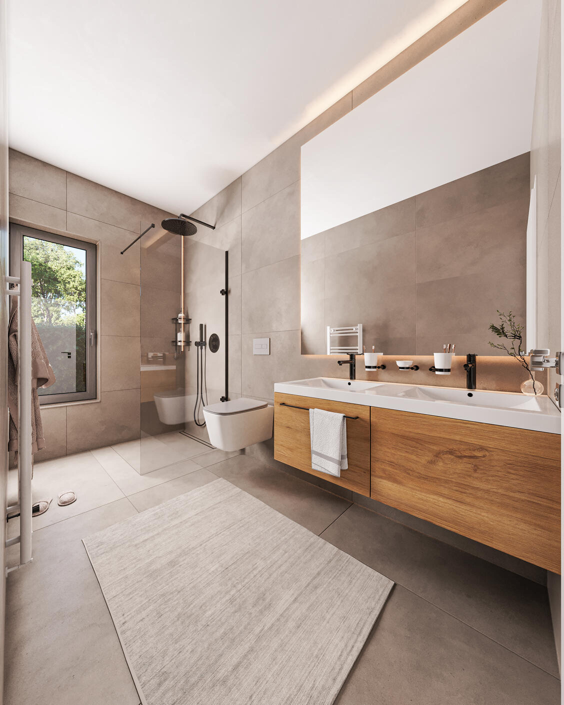 3D Interior Visualization of A Luxury Bathroom with shower area and grey tiles and oak wood cabinet