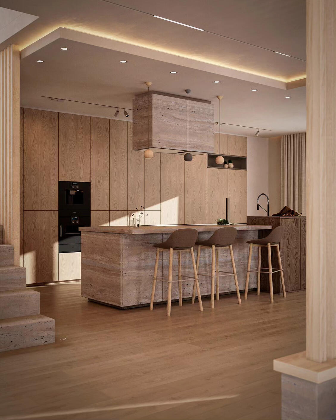3D Interior visualization of a modern luxury high end kitchen in neutral colors with wooden floor and furniture and travertine island