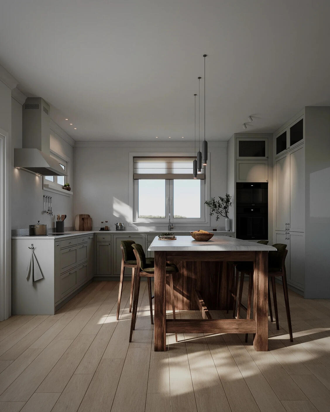Photorealistic Architectural visualization of a scandinavian kitchen in neutral tones with wooden parquet and dark american oak table and chairs