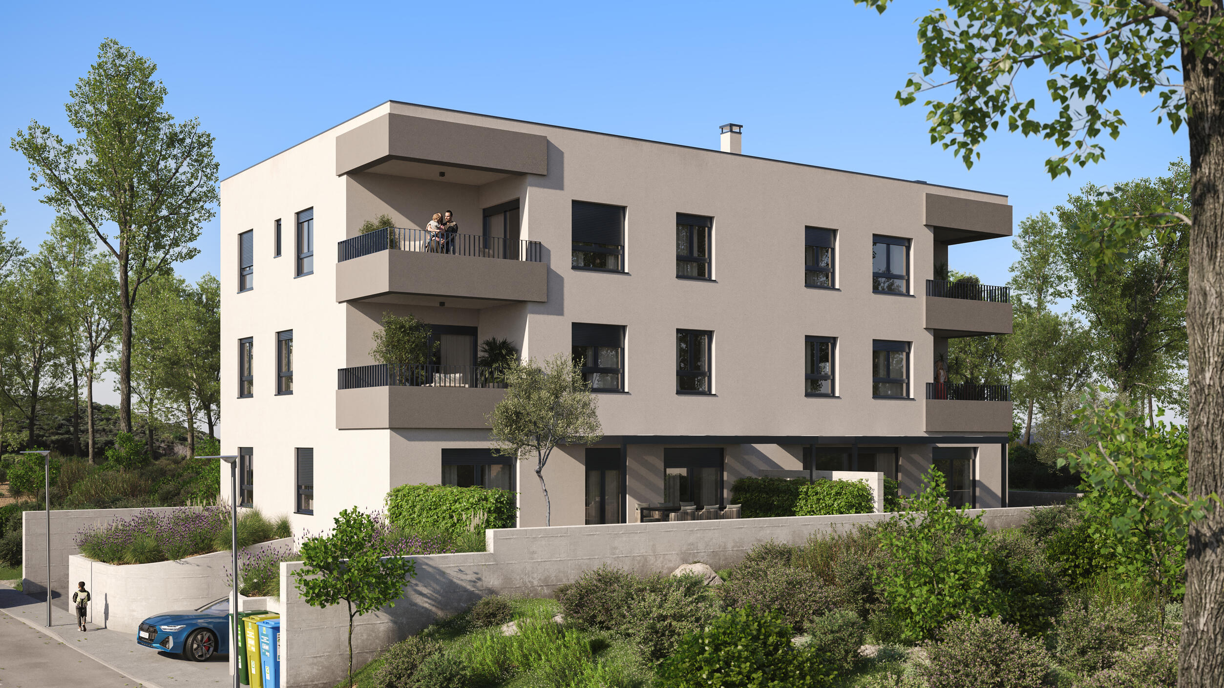 Photorealistic Exterior 3D Render Of A Modern Building with balconies in Croatia