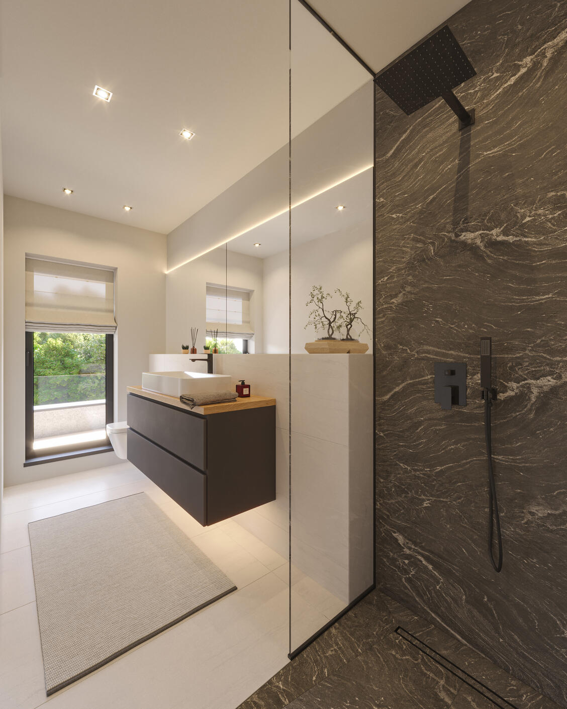 3D Interior Render of A Luxury Bathroom with white tiles and black marble with white veins shower area and wooden cabinetry