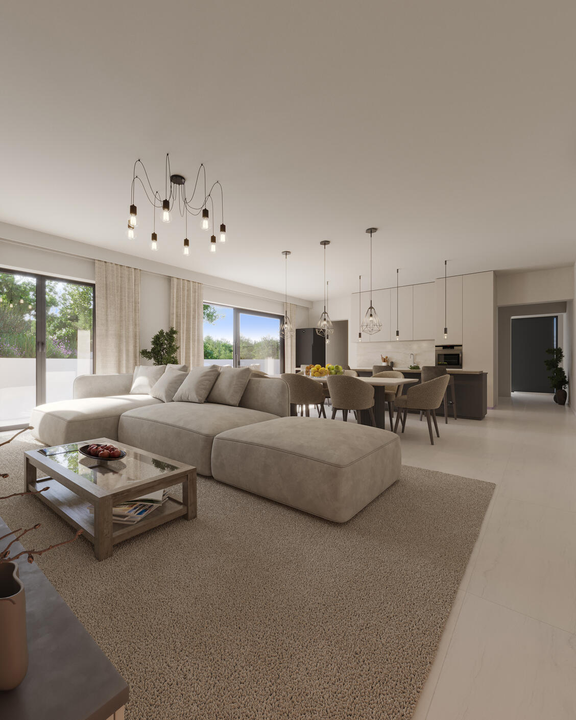 Photorealistic 3D Interior Visualization of a modern open space,kitchen and living room in neutral colors