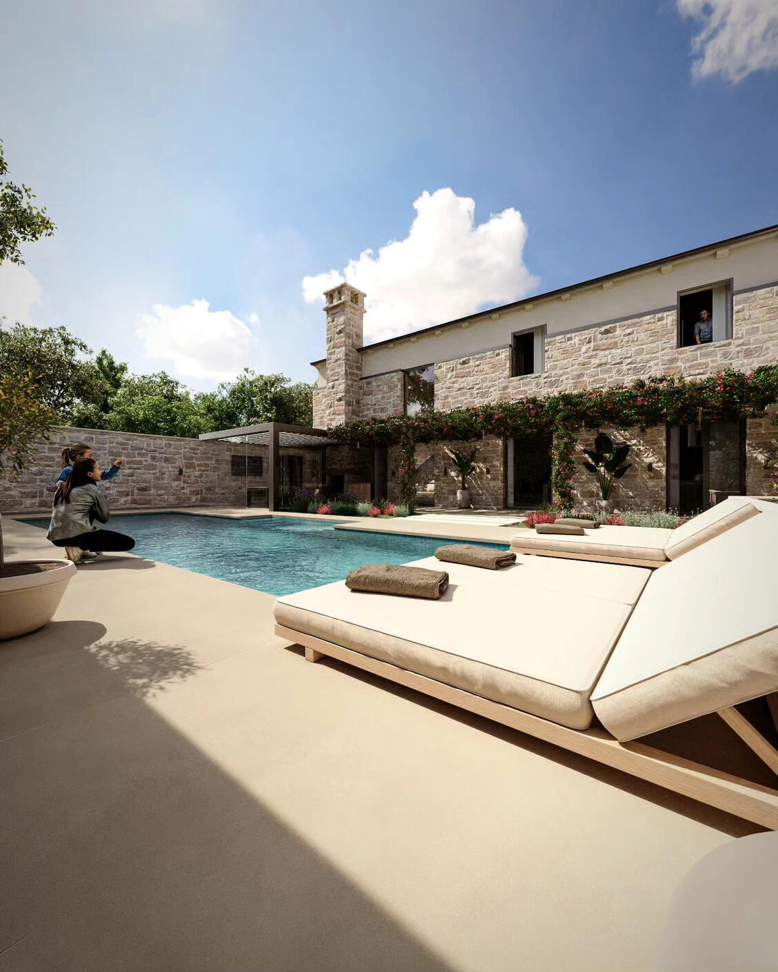 Photorealistic Exterior 3D Render Of A Stone House With Swimmingpool
