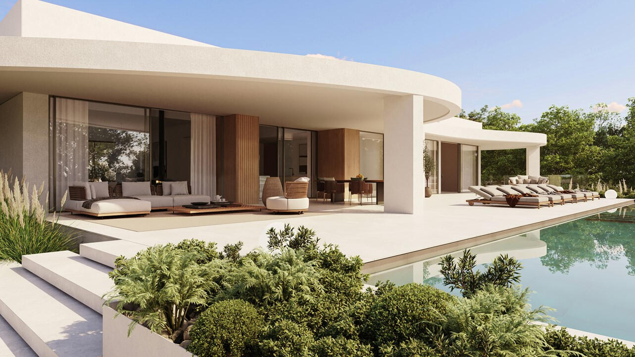 3D Architectural Visualization of a modern rounded house with swimming pool and expansive terrace