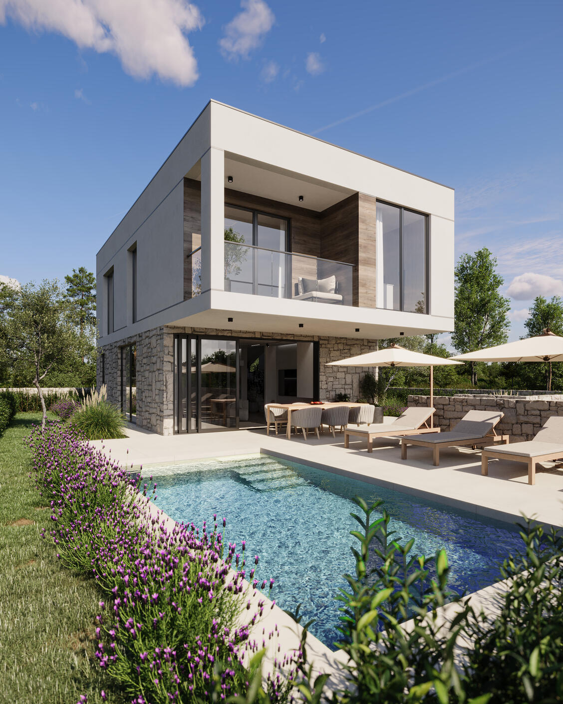 Photorealistic Exterior 3D Render Of A Modern House With Swimmingpool