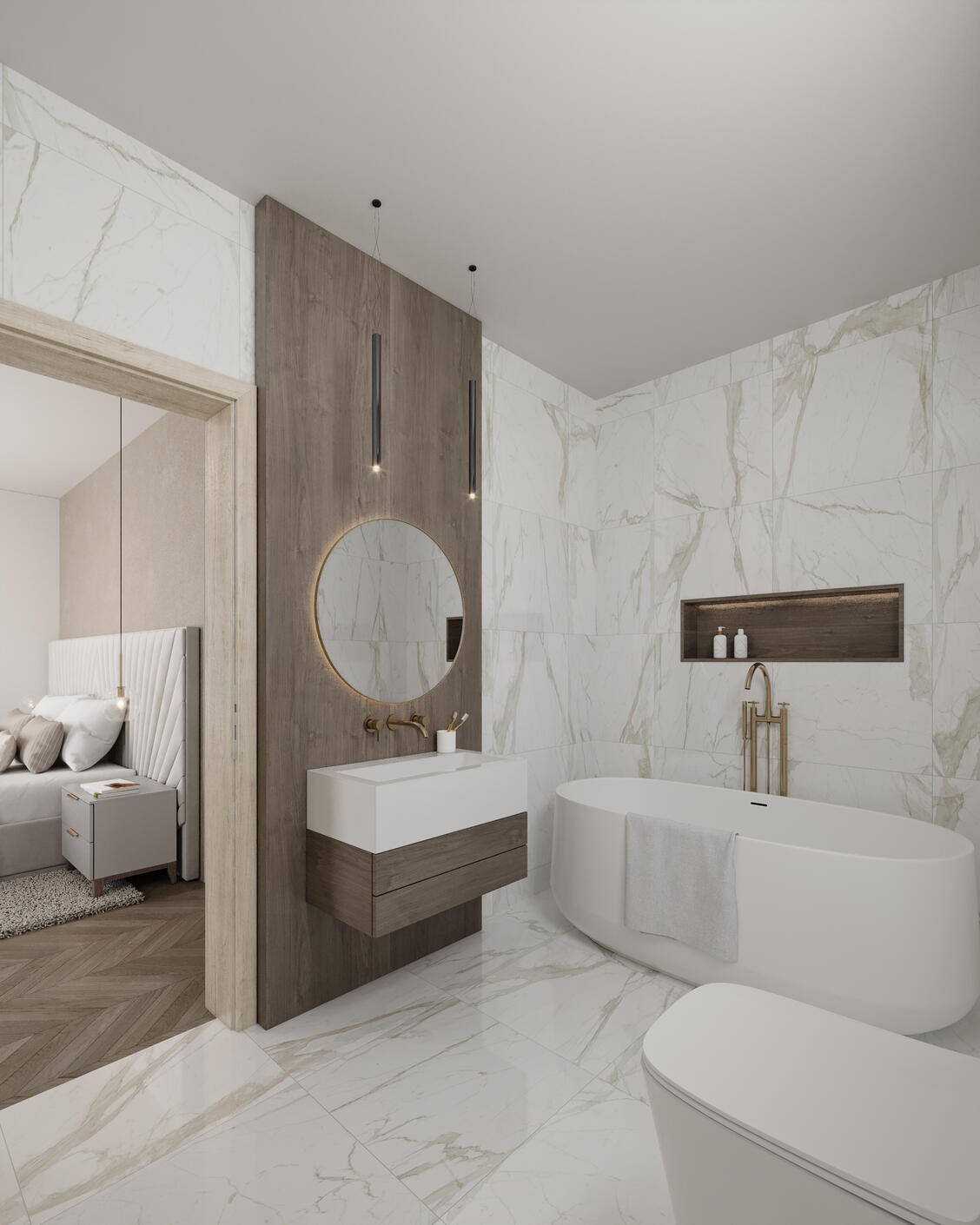 3D Render of A Luxury Bathroom with white marble tiles and dark oak wood details