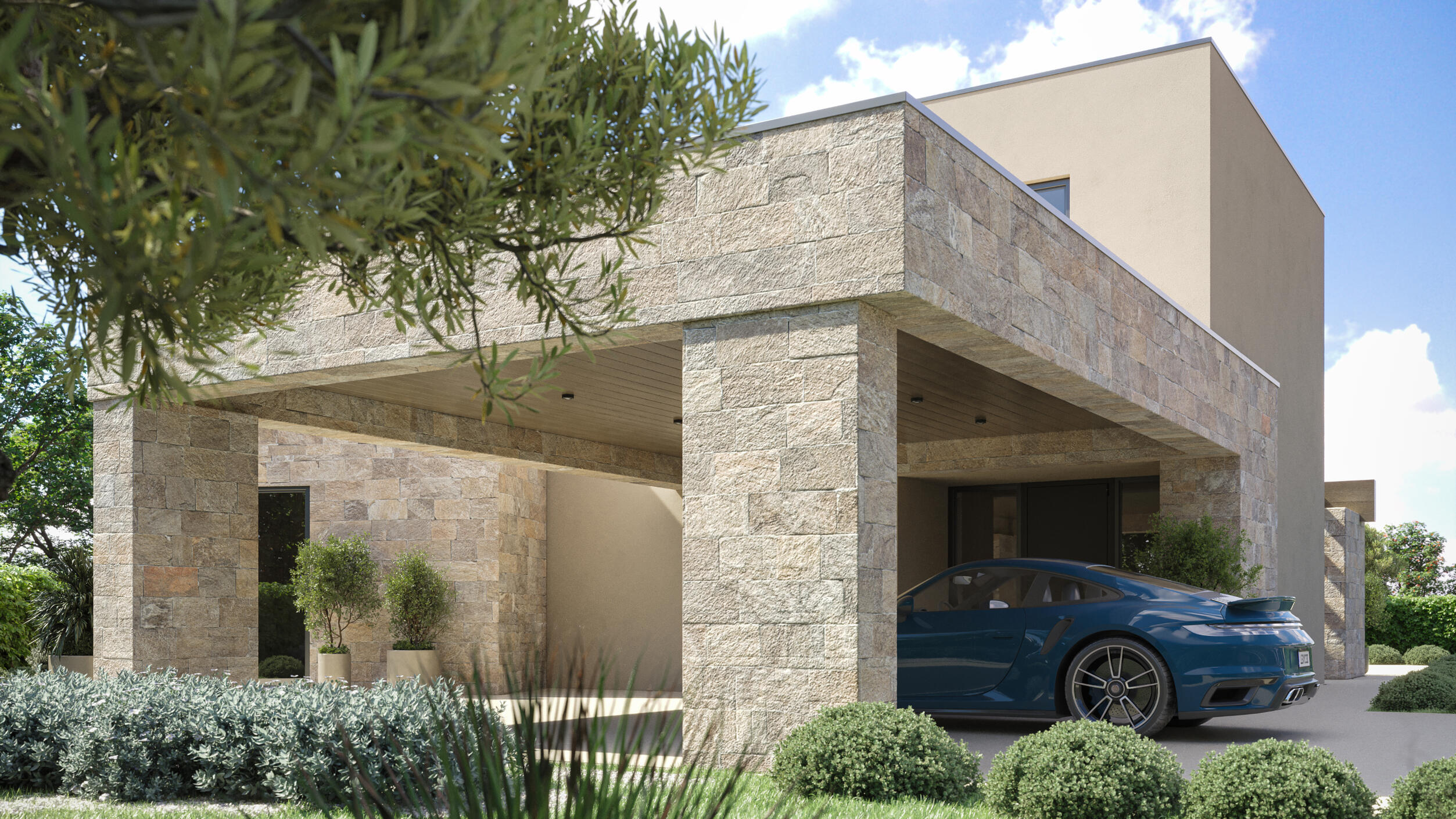 3D Exterior Render of a Contemporary suburban house with driveway and garage