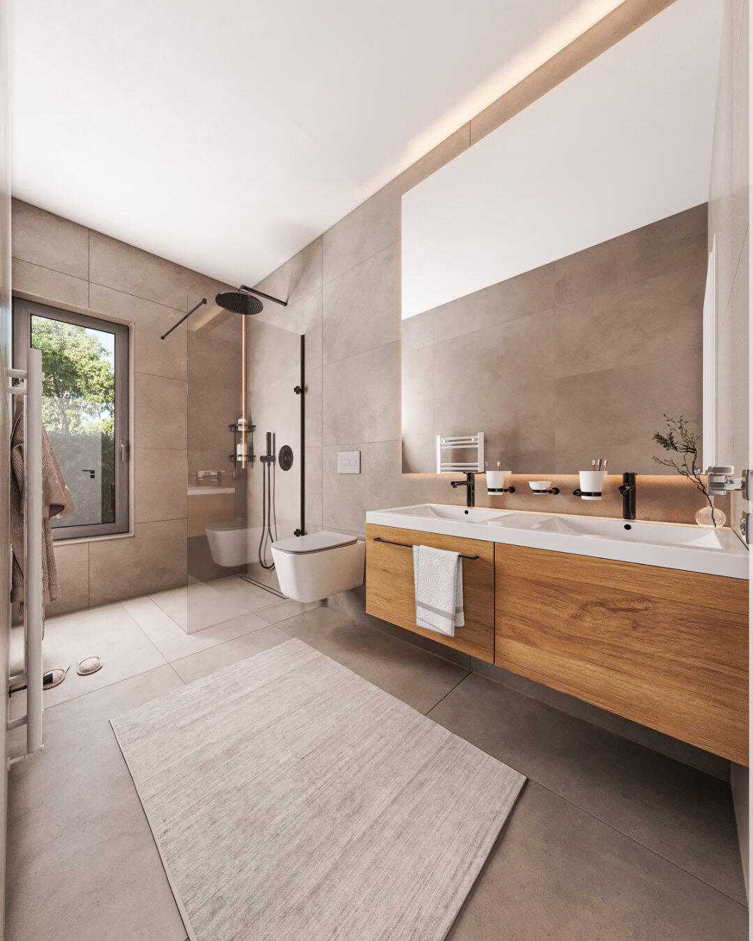 3D Interior Visualization of A Luxury Bathroom with shower area and grey tiles and oak wood cabinet